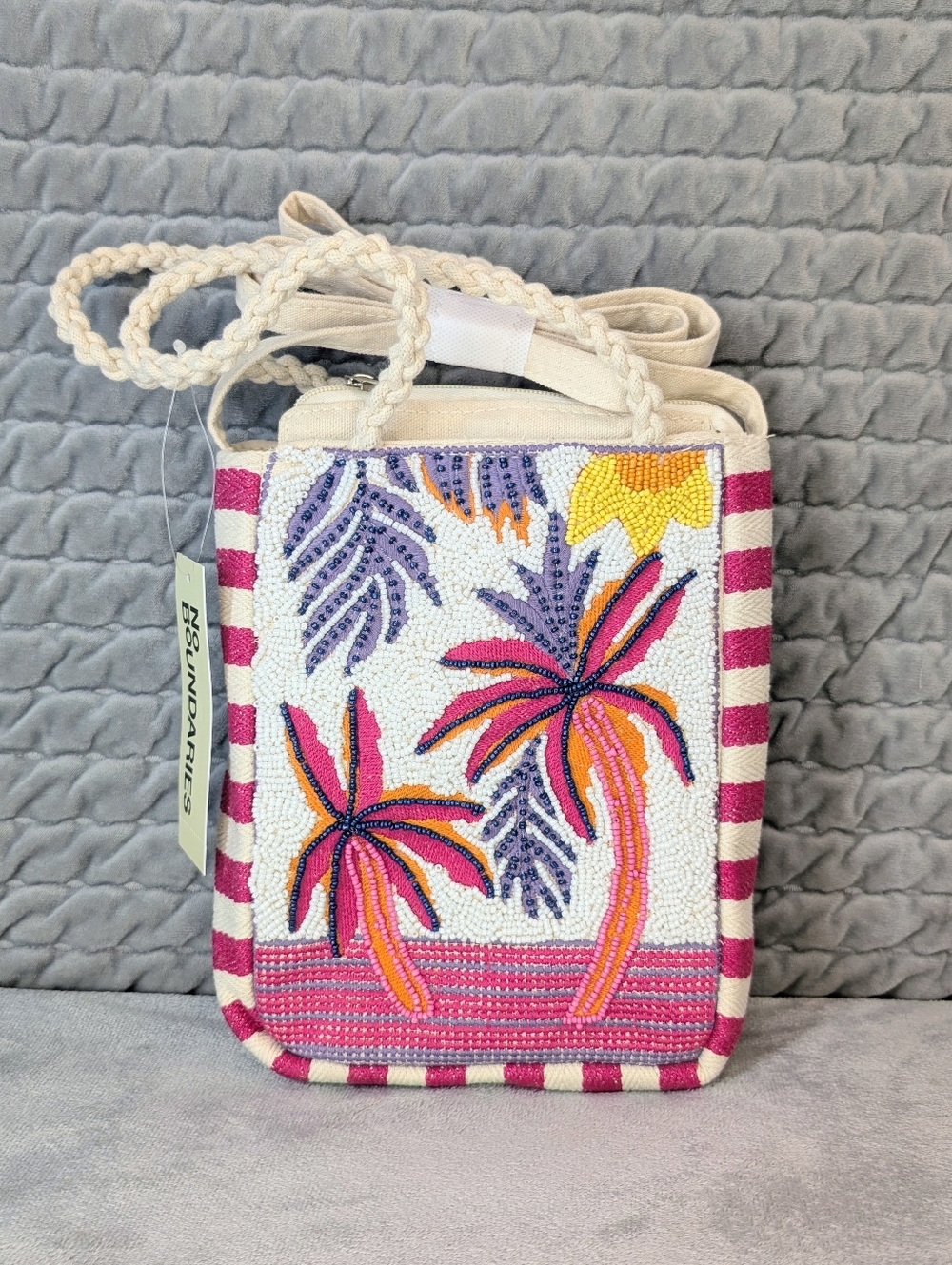 NWT No Boundaries Women's Beaded Crossbody Mini Tote bag Pink Tropical Beach